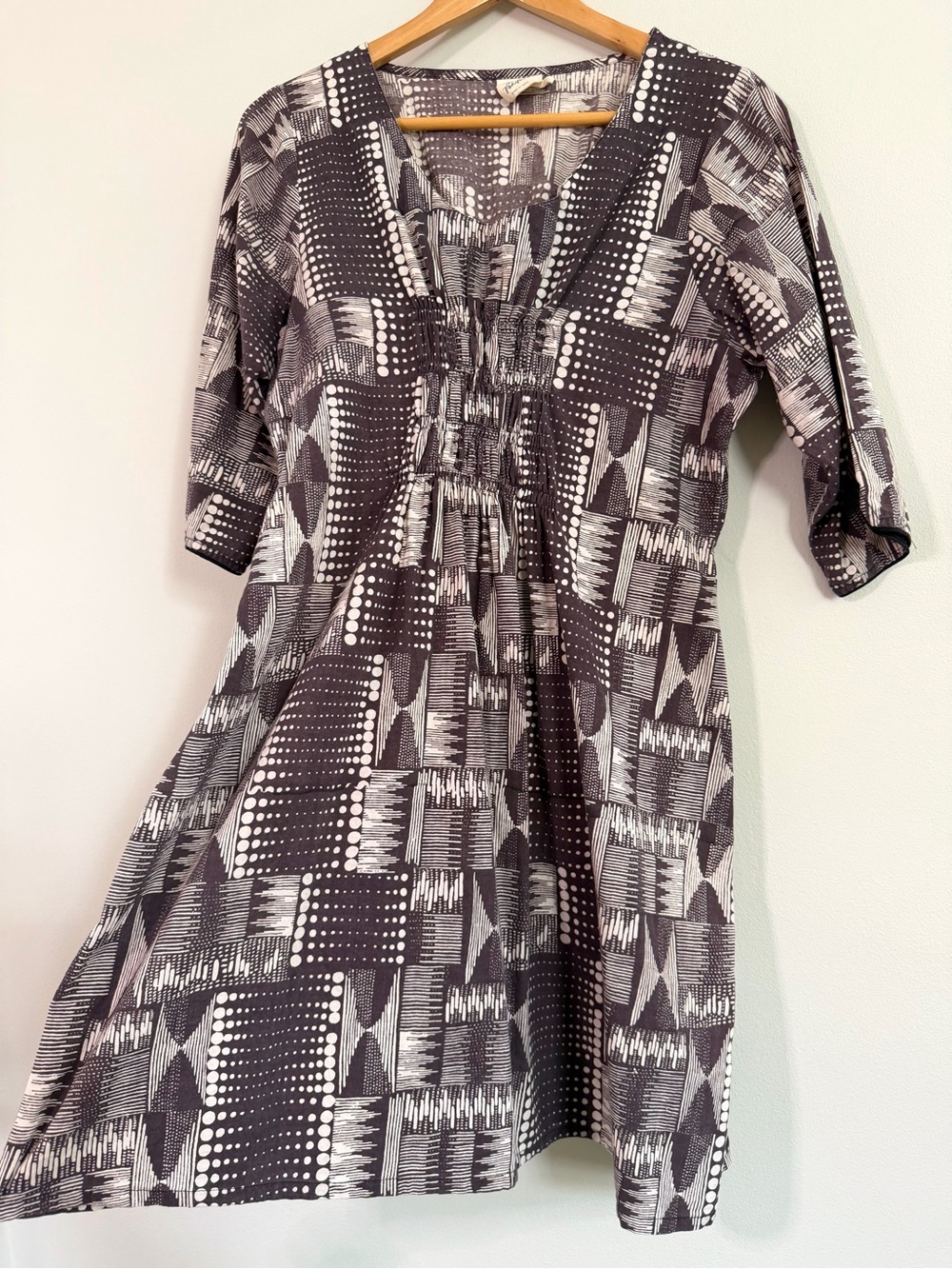 Mata Traders Black White Geometric 3/4 Sleeve Smocked Bodice Women’s Dress Large